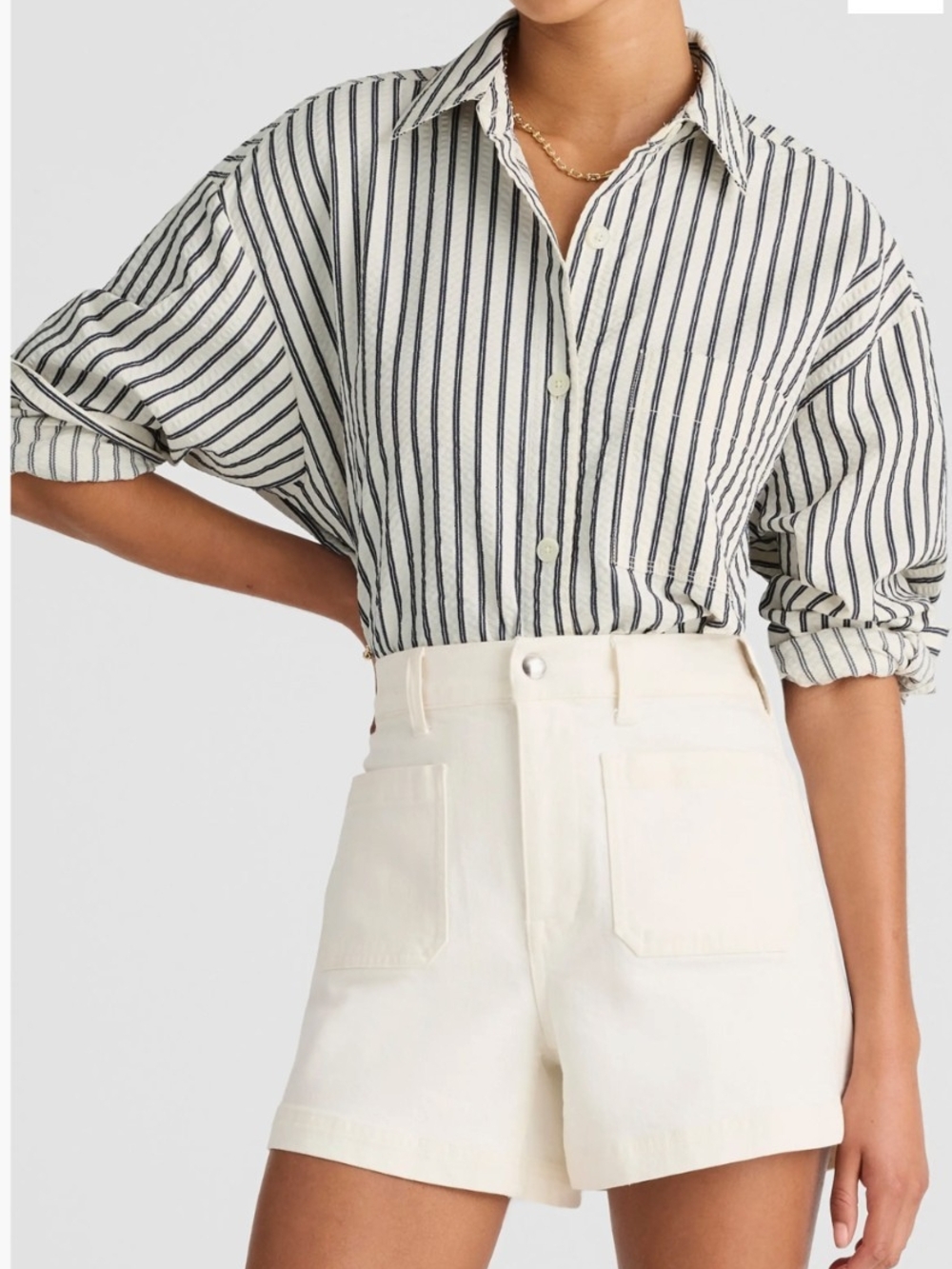 Madewell Straight Hem Seersucker Shirt with Navy Vertical Stripes